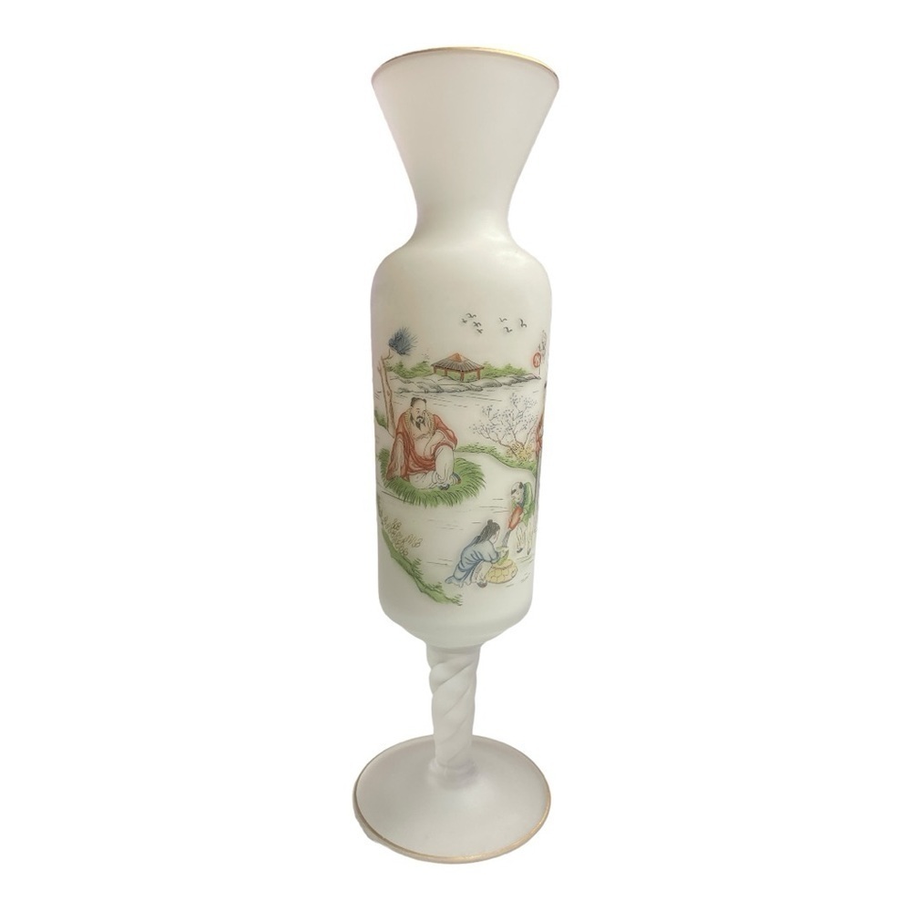 Vintage Norleans Italy White Bristol Frosted Satin with Chinese Art  Footed Vase